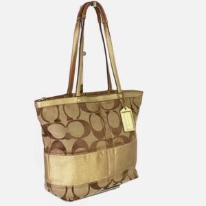 Vintage Coach Y2K Stripe Tote 10124 Gold Metallic Jacquard Canvas Shoulder Bag
